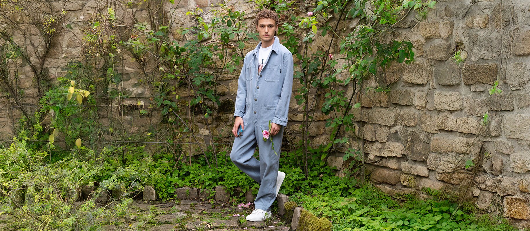 light blue cotton gabardine jumpsuit